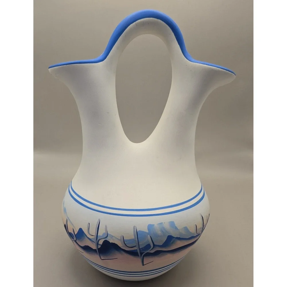 Vase Navajo Double Floral Opening Painted  Signed Approx.  10